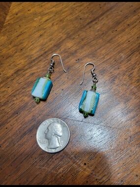 Handmade Blue Green Rectangle Glass Dangle Earrings